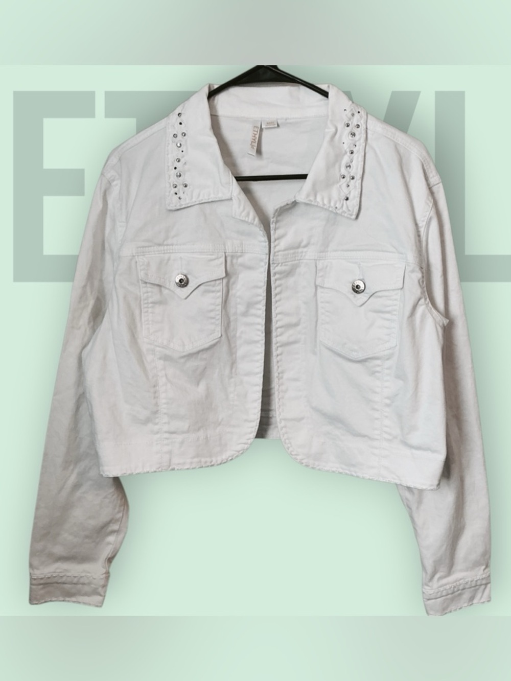 🌺ETHYL Cropped White Stud-Trim Jean Jacket